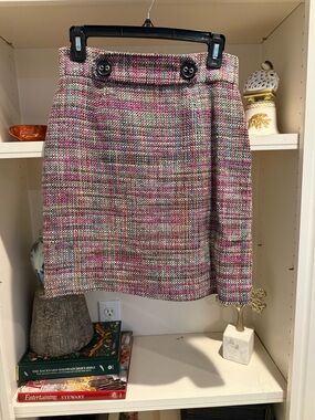 Pink Multi-Tone Tweed A-Line Skirt with Button Waist Tab